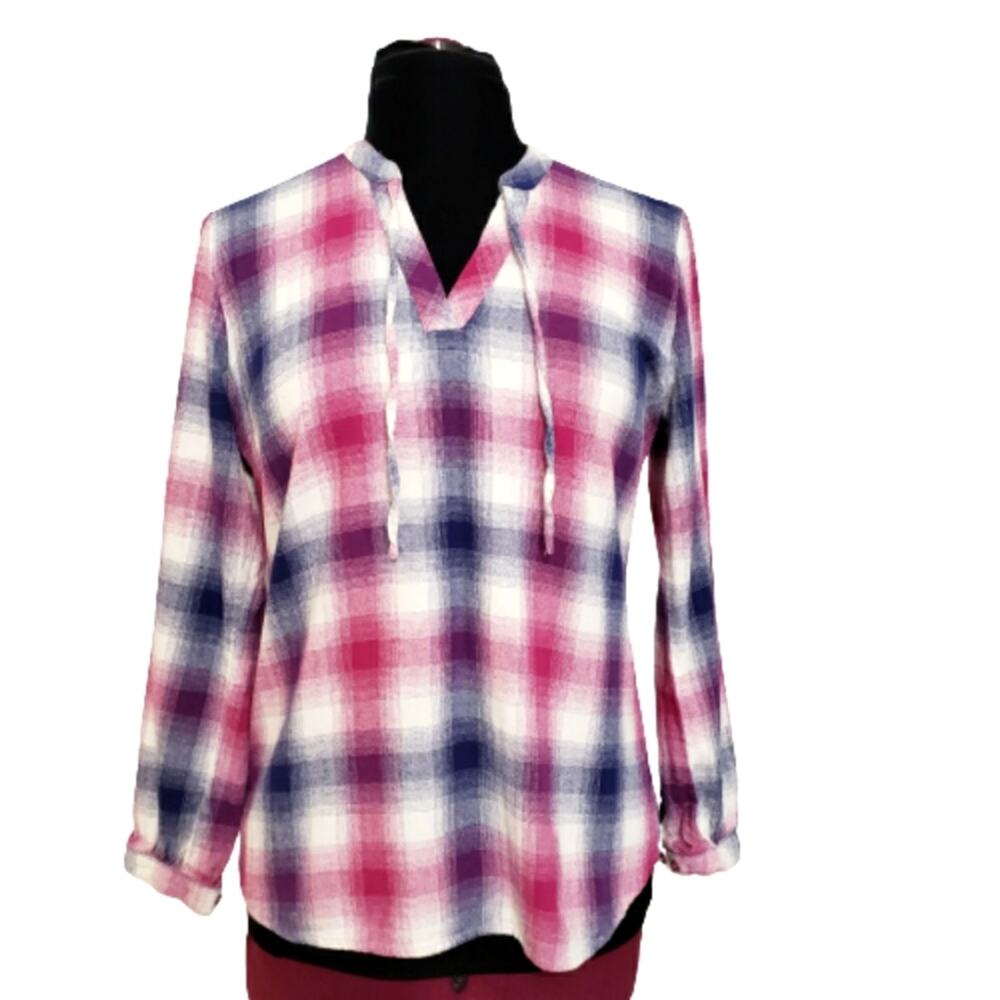 Bit & Bridle Plaid Split V Neck Pink White Purple High Low Top Medium